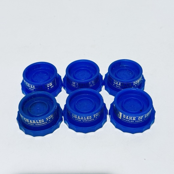 Other - (6) 2-1 Versa Bottle Caps Snap On Screw On Lids Blue w Bank Branding